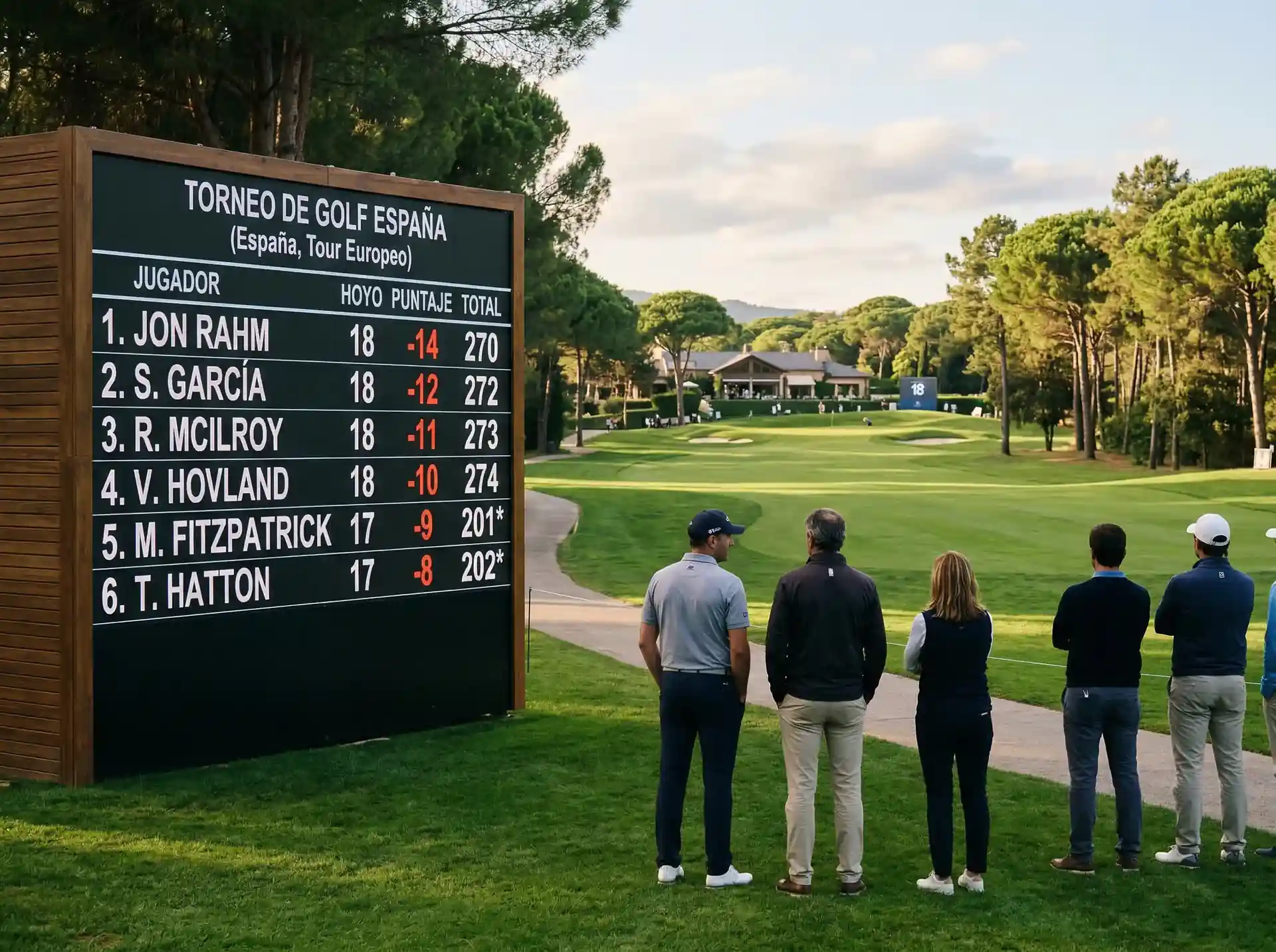 Leaderboard digital de un torneo de golf profesional mostrando posiciones y puntuaciones en tiempo real