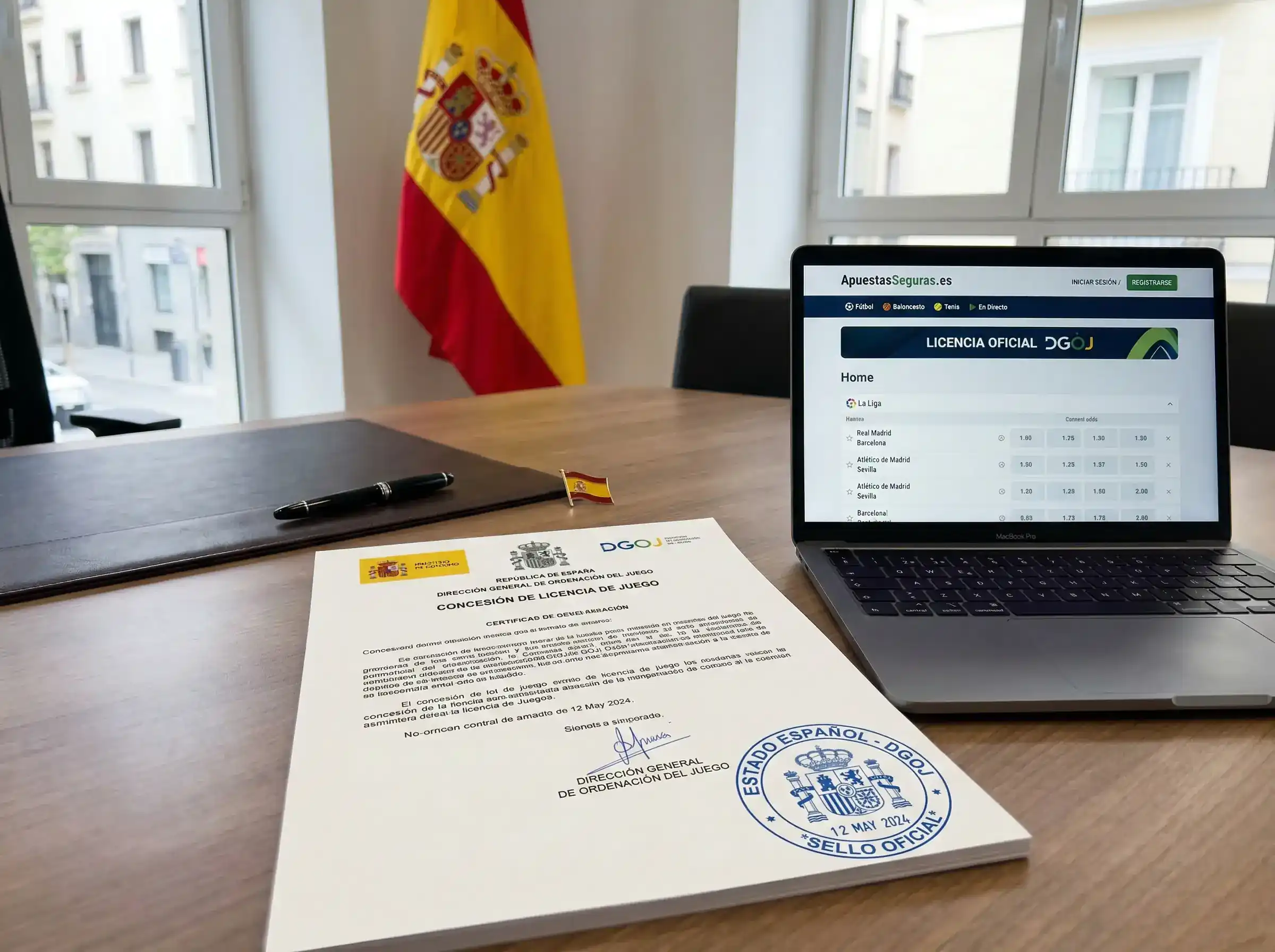 Documento oficial de licencia de juego junto a un portátil mostrando una página de apuestas de golf