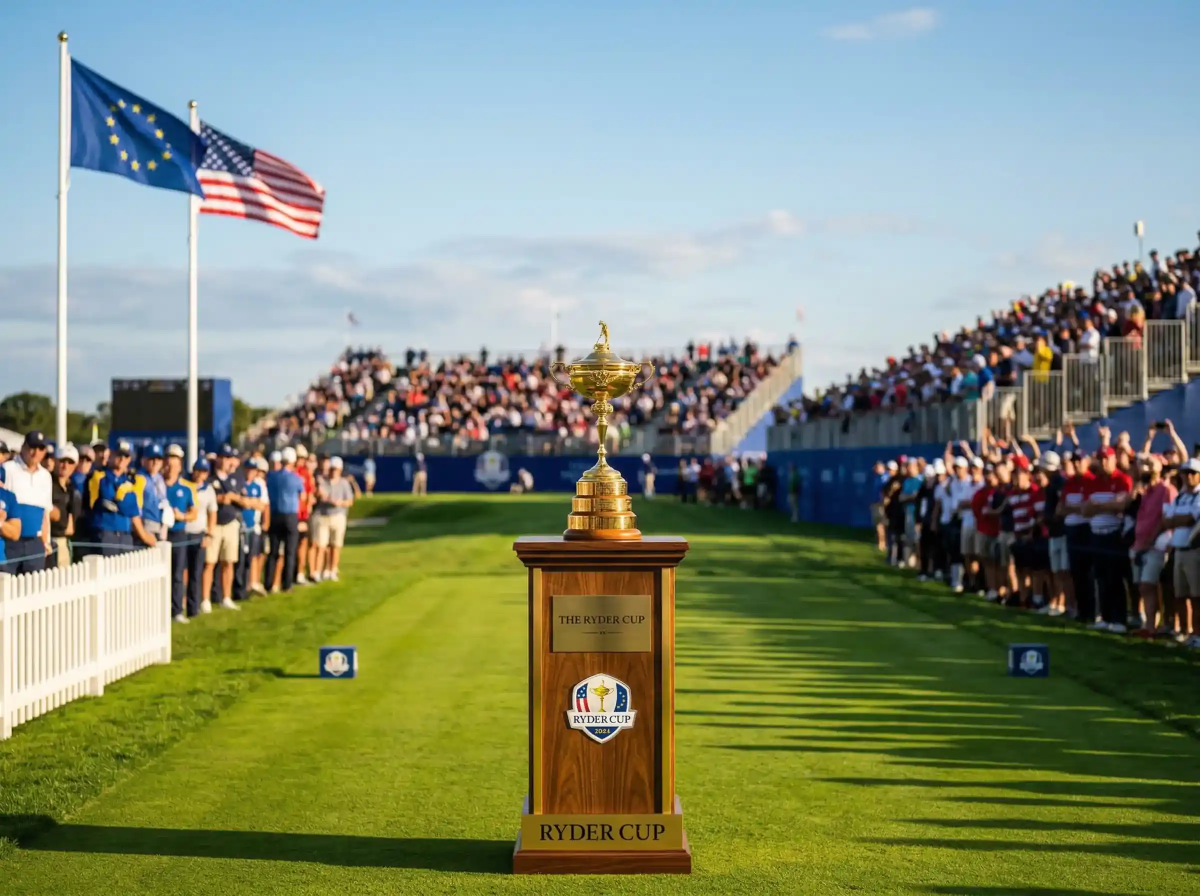 Trofeo de la Ryder Cup sobre el green con banderas de Europa y Estados Unidos al fondo