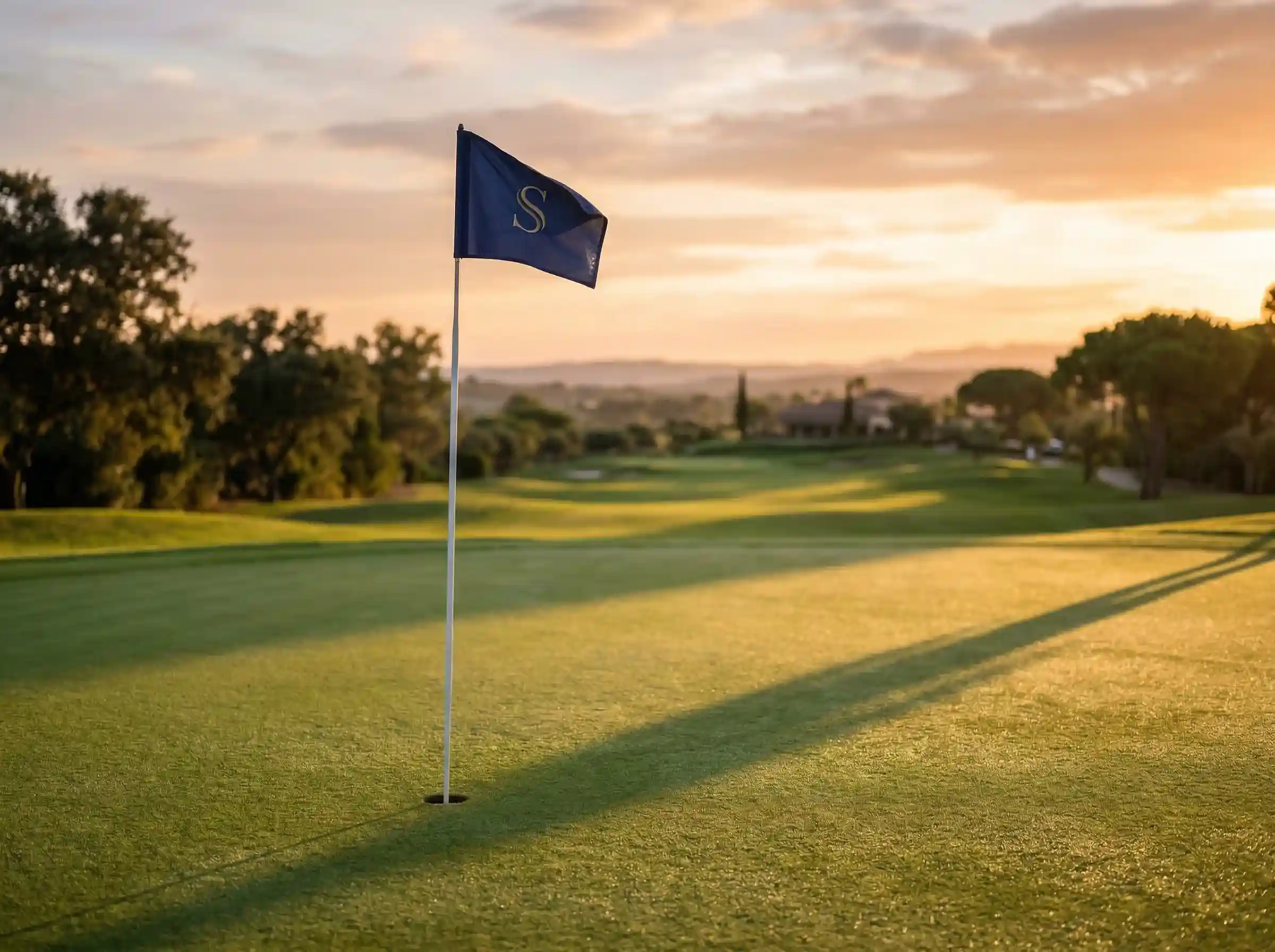 Campo de golf con leaderboard de apuestas superpuesto